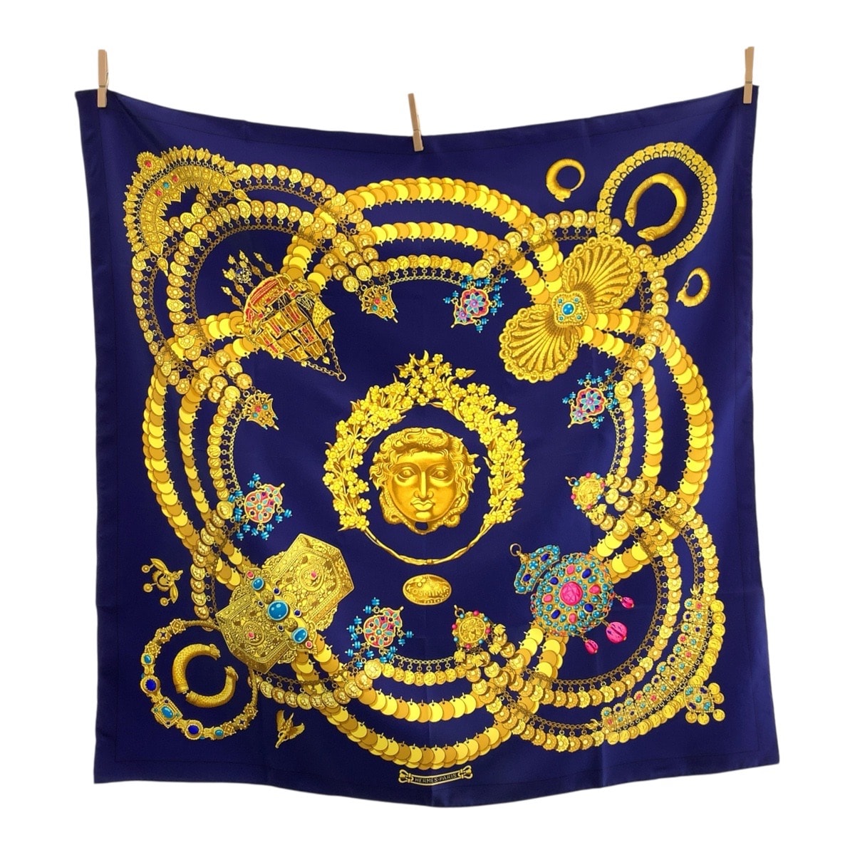 超美品 HERMES エルメス KOSMIMA カレ90 ネイビー イエロー シルク スカーフ 大判スカーフ 503900 【中古】