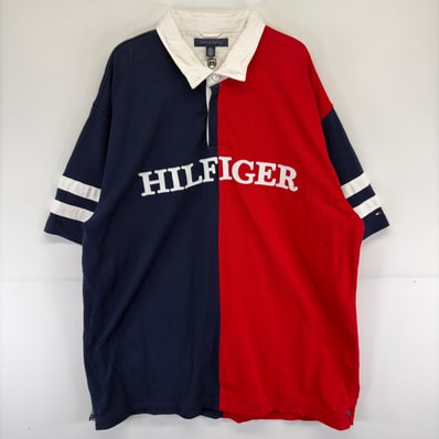 古着 トミーヒルフィガー TOMMY HILFIGER 半袖シャツ ラガーシャツ 大きいサイズ ロゴ ツートンカラー 刺繍 2XL ネイビー メンズ