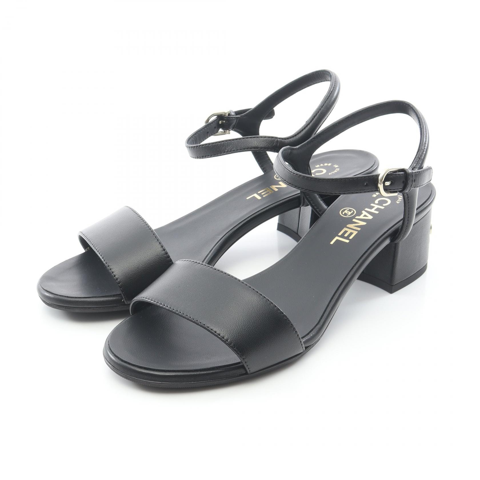 シャネル CHANEL ロゴヒール サンダル 靴 レザー レディース ブラック系 【中古】