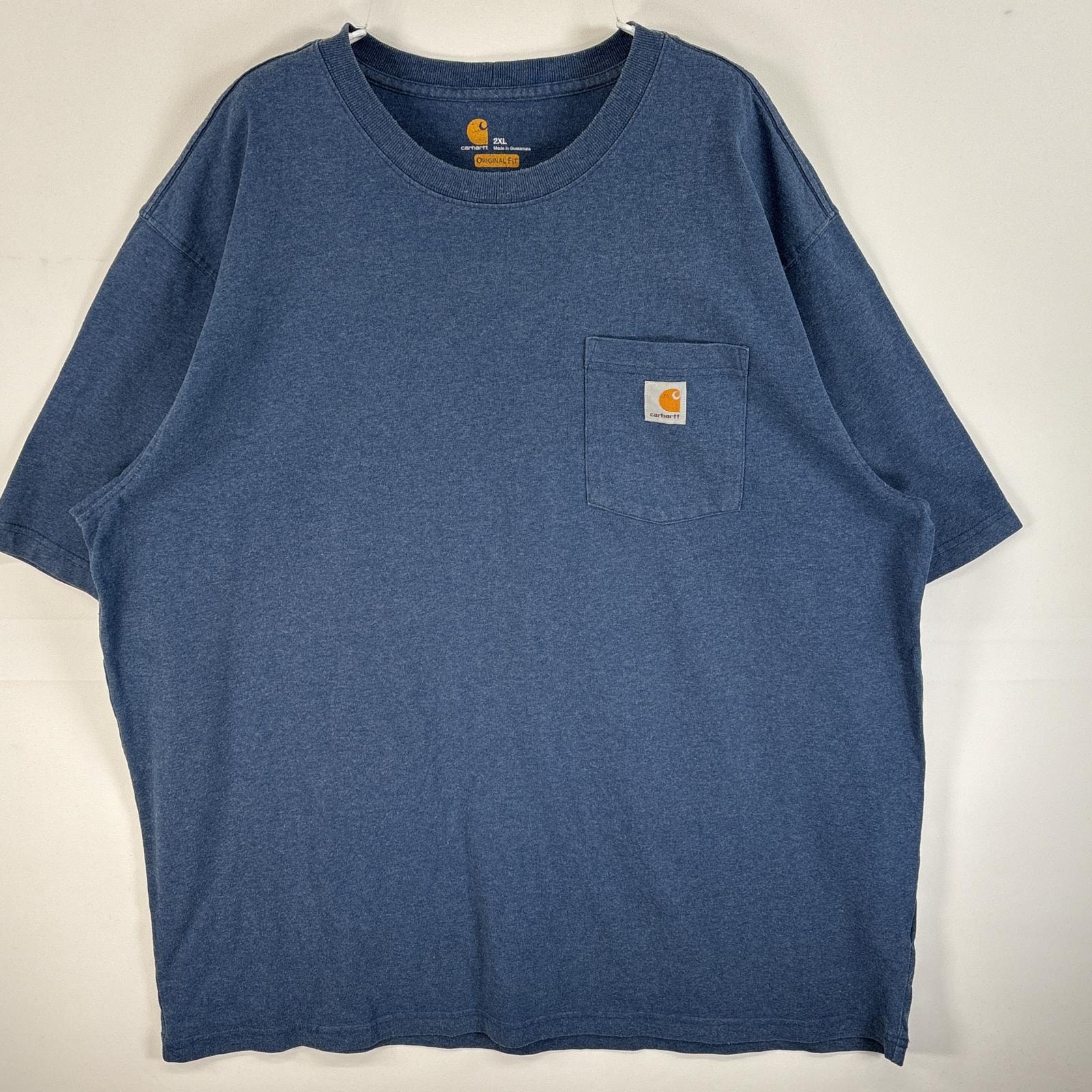 古着 カーハート Carhartt 半袖Tシャツ ワンポイント ロゴ 大きいサイズ 胸ポケ 2XL  ブルー系 無地 メンズ