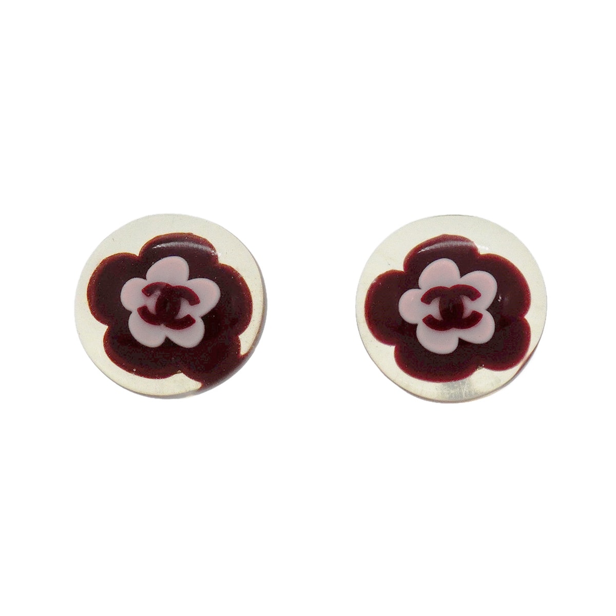 【6jhb0691】シャネル ピアス ココマーク カメリア メタル シルバー ピンク ワインレッド【中古】レディース