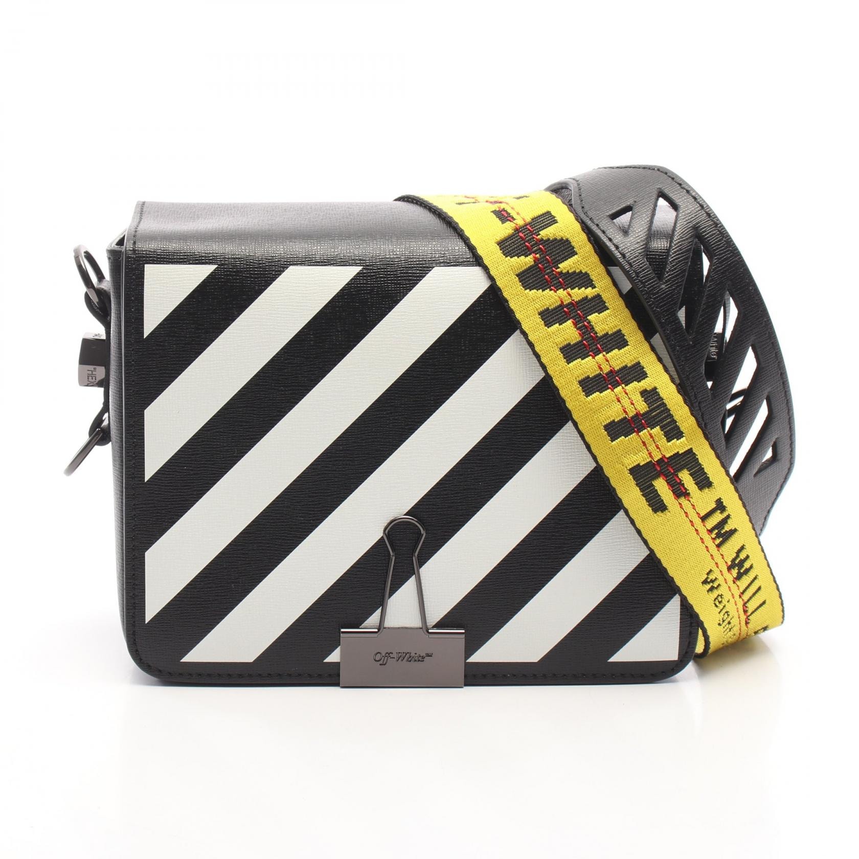 オフホワイト OFF-WHITE ダイアゴナル バインダー フラップバッグ 2WAY ショルダーバッグ バッグ レザー レディース ブラック系 / ホワイト系 【中古】