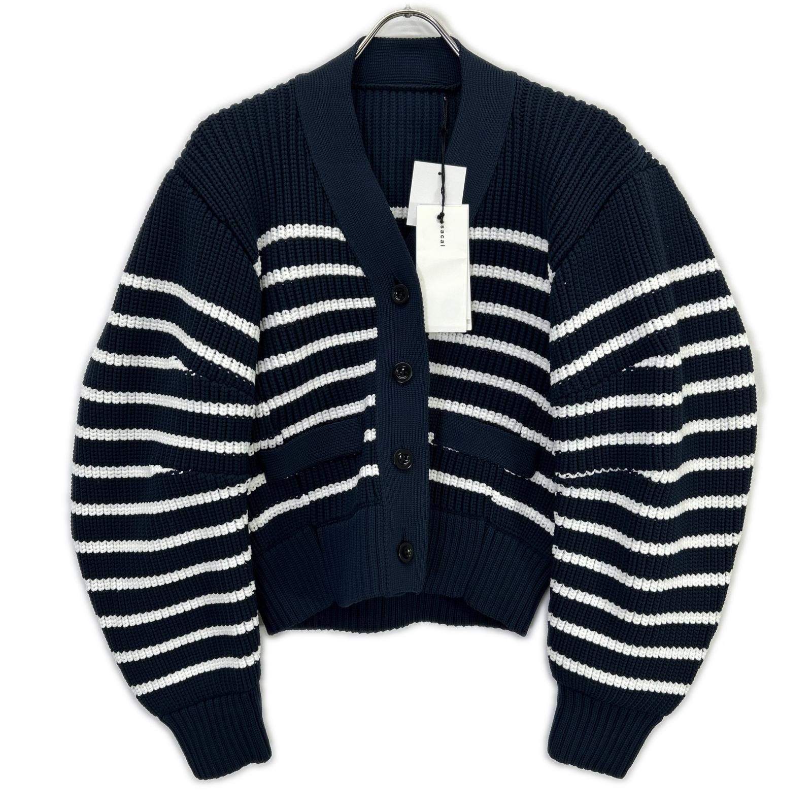 サカイ 23-06490 ネイビー×ホワイト ホリゾンタル ストライプ クロップド ニット カーディガン 2