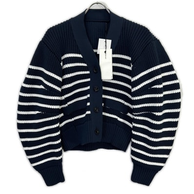 サカイ 23-06490 ネイビー×ホワイト ホリゾンタル ストライプ クロップド ニット カーディガン 2