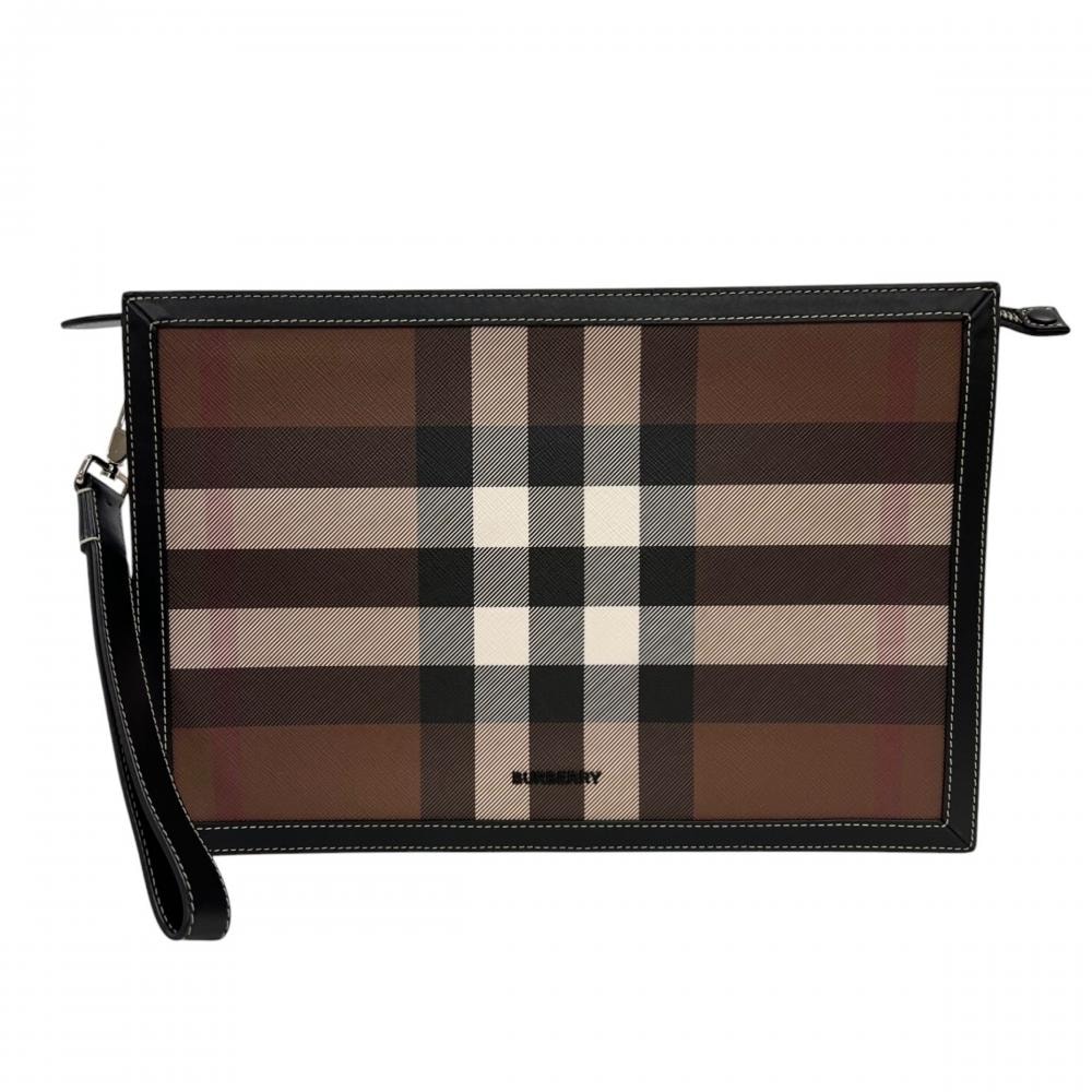 BURBERRY バーバリー クラッチバッグ ロゴ 80508291 レザー ブラック 黒 ブラウン 茶 シルバー金具 メンズ 美品【中古品】