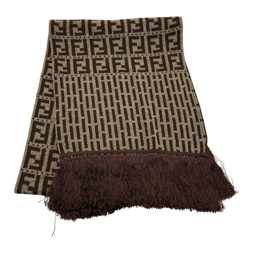 C (やや傷や汚れあり)】FENDI フェンディ ズッカ柄 フリンジ マフラー C (やや傷や汚れあり)】FENDI フェンディ ズッカ柄 フリンジ マフラー