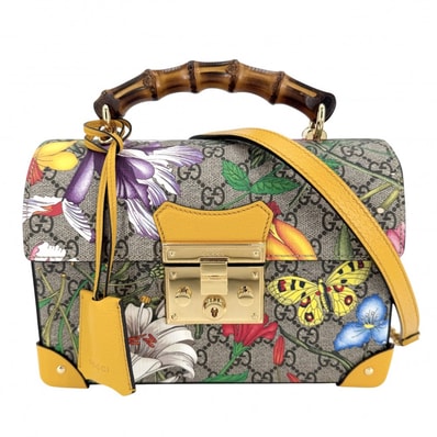 GUCCI グッチ 2WAY GGフローラ バンブー ハンドバック ショルダーバッグ 肩掛け 斜め掛け 花 蝶 603221 GGスプリームキャンバス レザー ブラウン 茶 マルチカラー ゴールド金具 レディース 美品【中古品】
