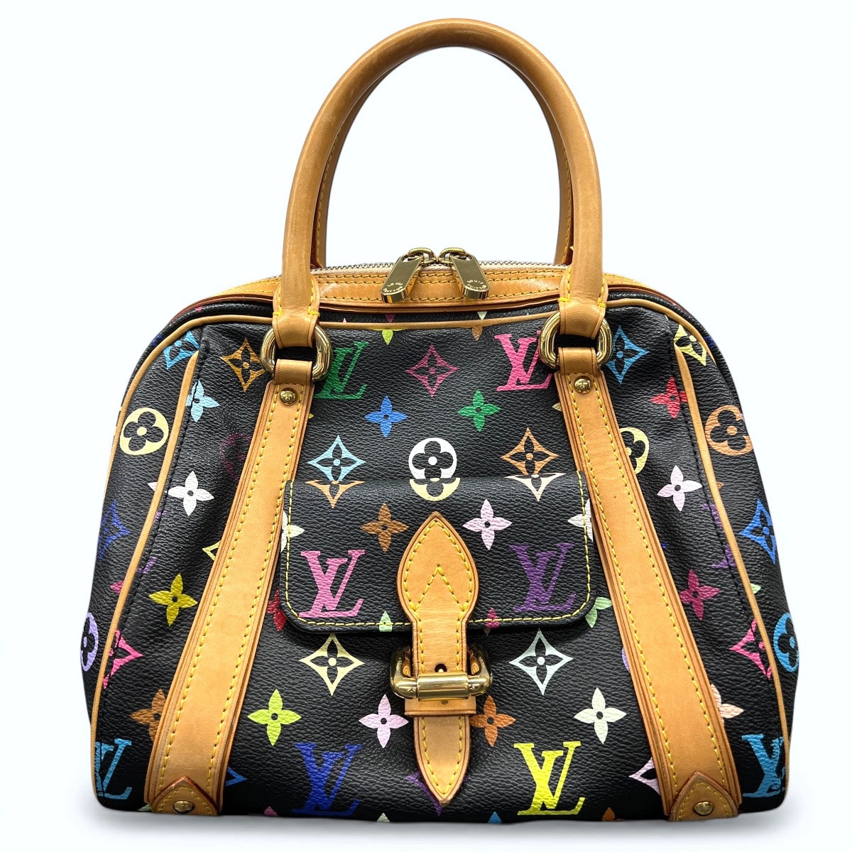 LOUIS VUITTON 美品 ルイヴィトン プリシラ モノグラムマルチカラー ノワール ハンドバッグ M40097 PVC レザー SP0026 ブラック マルチカラー ミニボストン LV ABランク 中古 鑑定済 ヴィトンバッグ