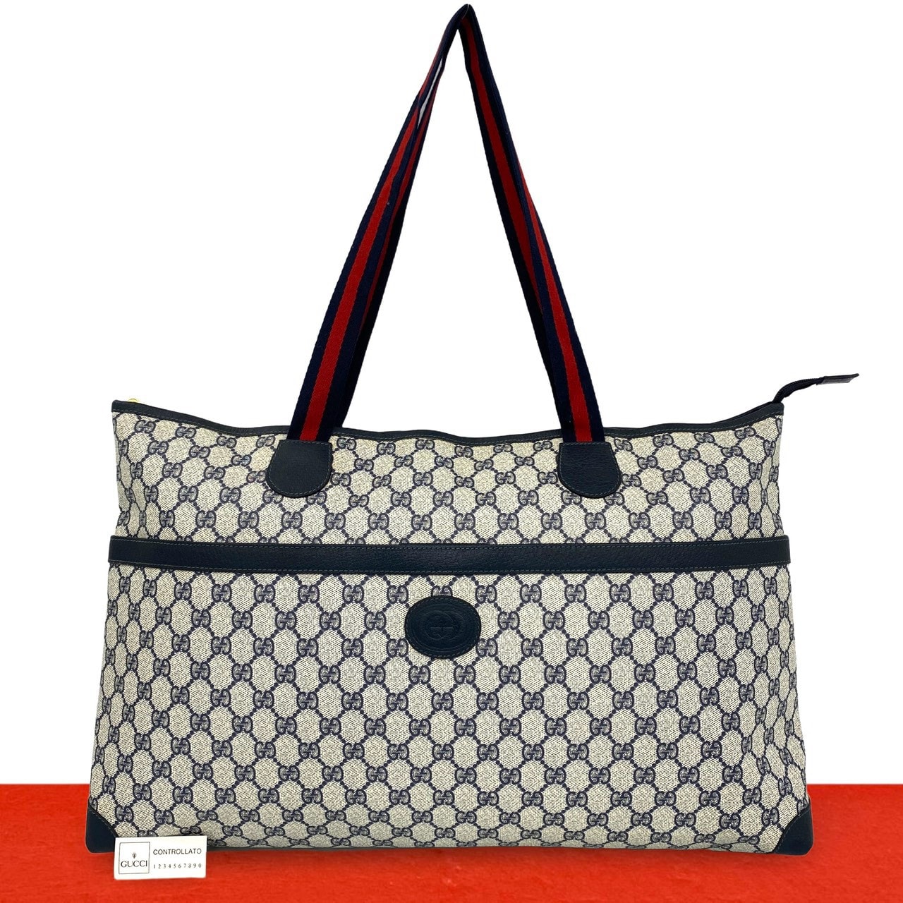 GUCCI グッチ シェリーライン GG 柄 ロゴ レザー PVC トートバッグ ネイビー
 05815