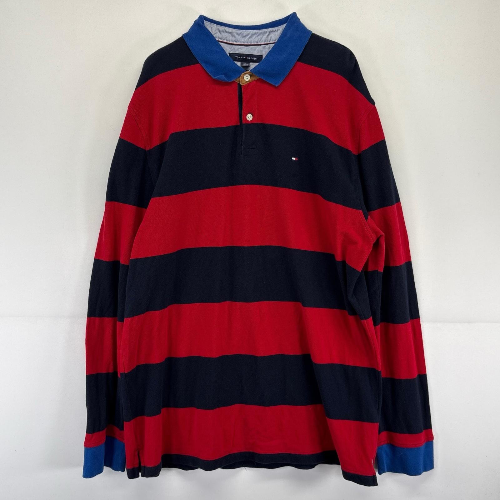 古着 トミーヒルフィガー TOMMY HILFIGER 鹿の子 長袖シャツ ロゴ刺繍 大きいサイズ ポロシャツ 2XL  レッド系 ボーダー メンズ