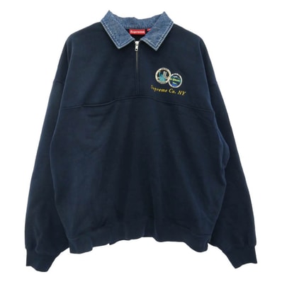 Supreme シュプリーム 23SS Denim Collar Half Zip Sweatshirt デニムカラー ハーフジップ スウェットシャツ トレーナー ネイビー系 L【中古】