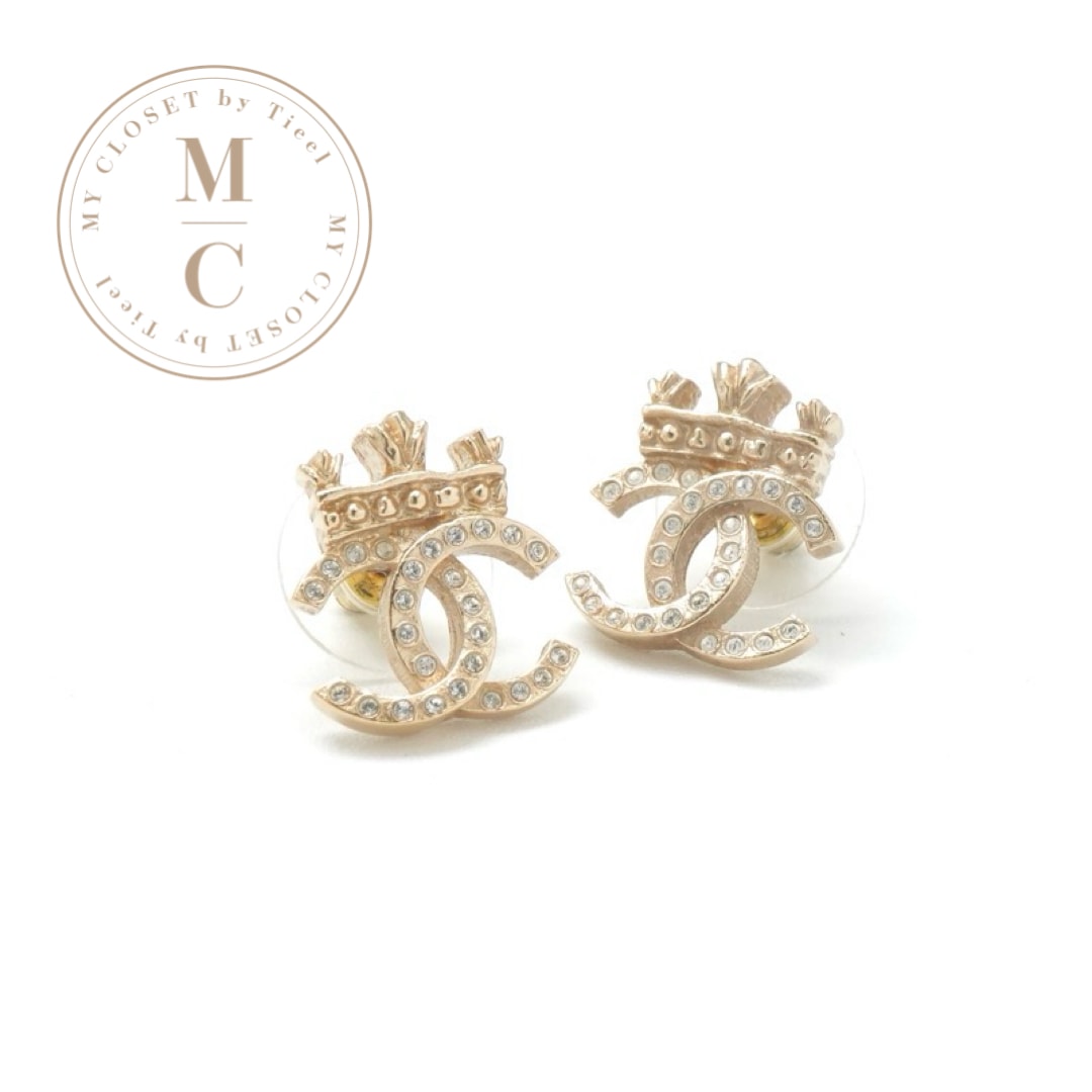 シャネル CHANEL ピアス ココマーク クラウン ラインストーン ゴールド