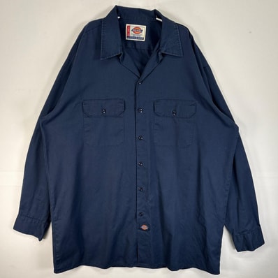 古着 ディッキーズ Dickies 長袖シャツ ワーク 作業着 フラップポケ 大きいサイズ ワンポイント ロゴ XL ネイビー系 無地 メンズ