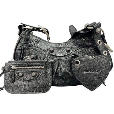 BALENCIAGA 極美品 バレンシアガ Le Cagole XS ショルダーバッグ 671309 レザー ブラック シルバー金具 クロスボディ ポシェット スタッズ ハート ミラー・ポーチ付属 Y2K Aランク 中古 鑑定済 バレンシアガバッグ