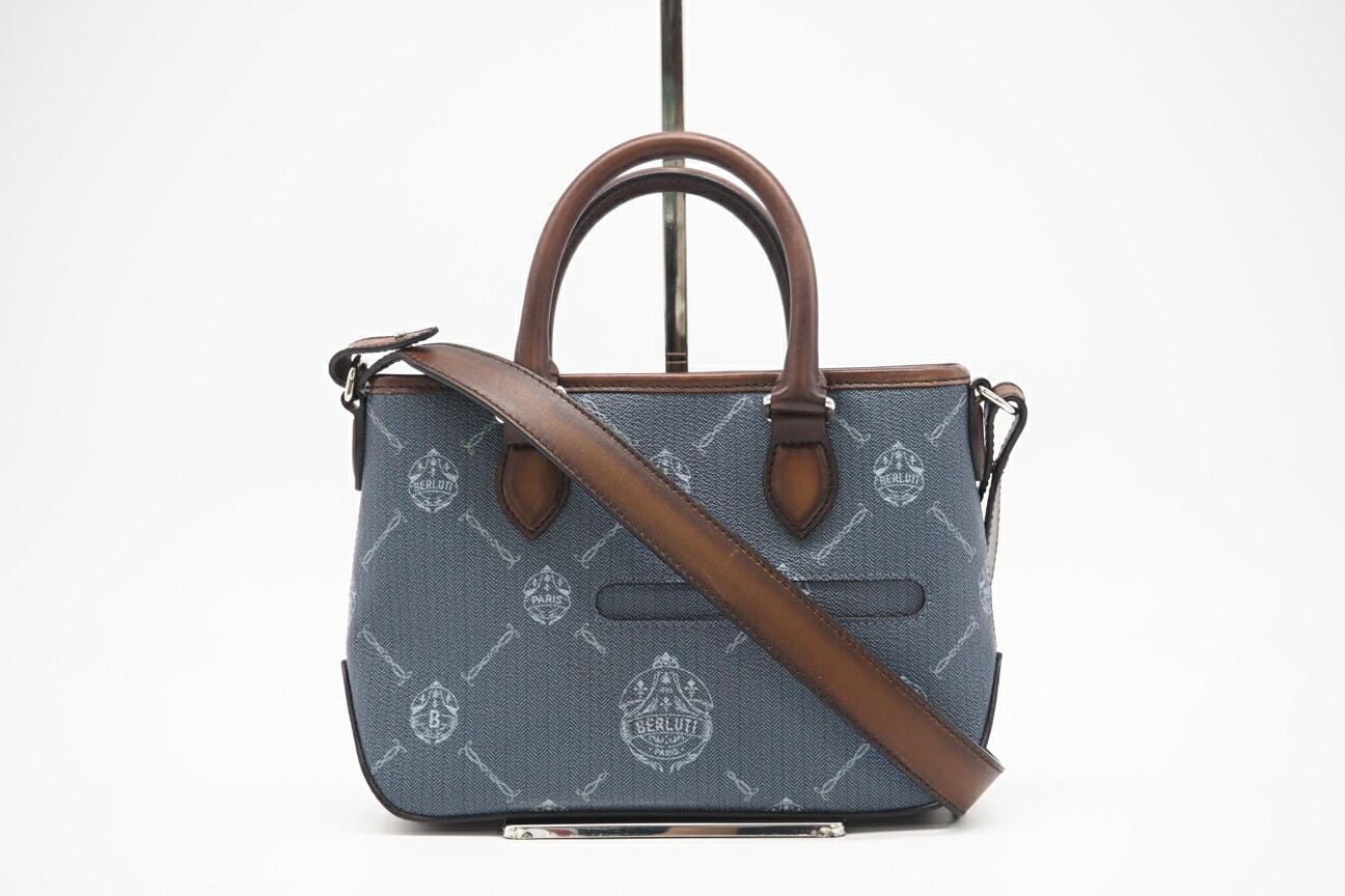 美品 Berluti ベルルッティ レザー ウリス ガリバー 2WAYハンドバッグ 90286963 2wayハンドバッグ ネイビー ブラウン コーティングキャンバス メンズ