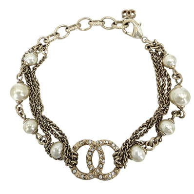 CHANEL シャネル ブレスレット アジャスター付き ココマーク ココ ゴールド アクセサリー 小物 GP フェイクパール ラインストーン A18A レディース 約15.0g 2018年【中古品】