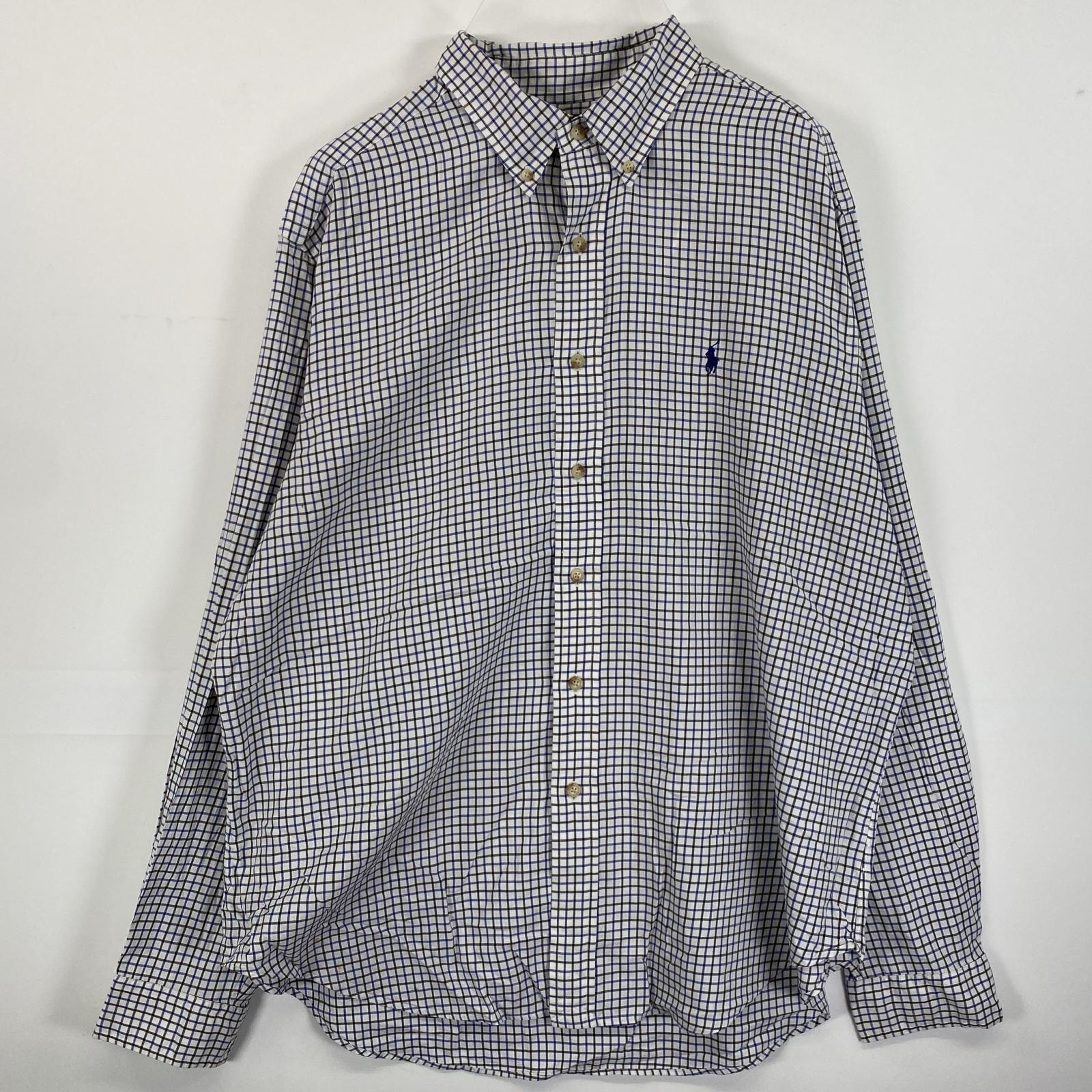 古着 ラルフローレン RALPH LAUREN 長袖シャツ ボタンダウン ワンポイントロゴ刺繍 ビックサイズ XL  ホワイト系 チェック メンズ