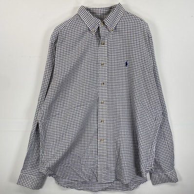 古着 ラルフローレン RALPH LAUREN 長袖シャツ ボタンダウン ワンポイントロゴ刺繍 ビックサイズ XL ホワイト系 チェック メンズ