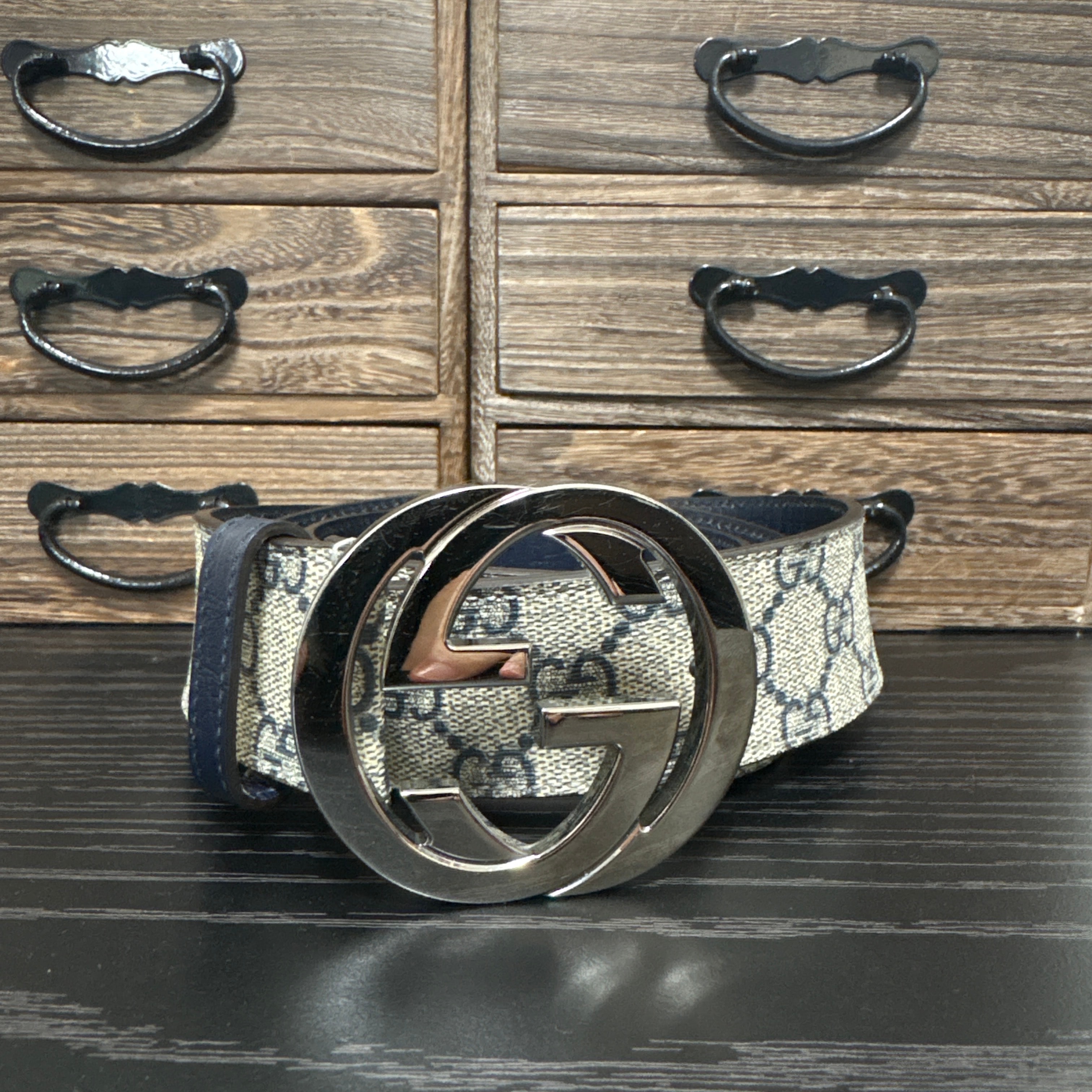 GUCCI グッチ インターロッキングGバックルベルト 703147 GGスプリームキャンバス×レザー ベージュ×ブルー×シルバー金具 95cm