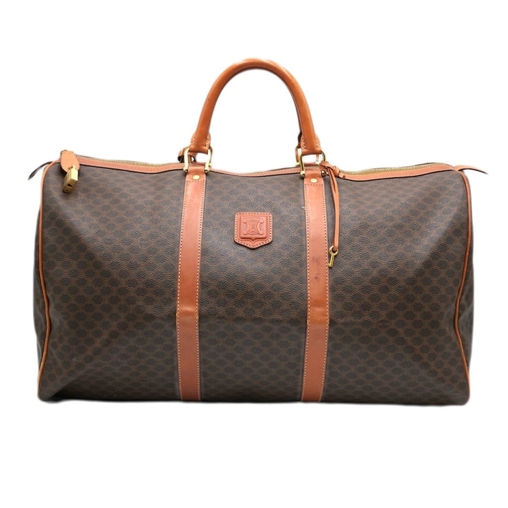 CELINE(セリーヌ)マカダム柄 ヴィンテージ ボストンバッグ トラベルバッグ 旅行バッグ ブラウン PVC レザー ゴールド金具 大容量 50cm レディース メンズ ユニセックス【中古】