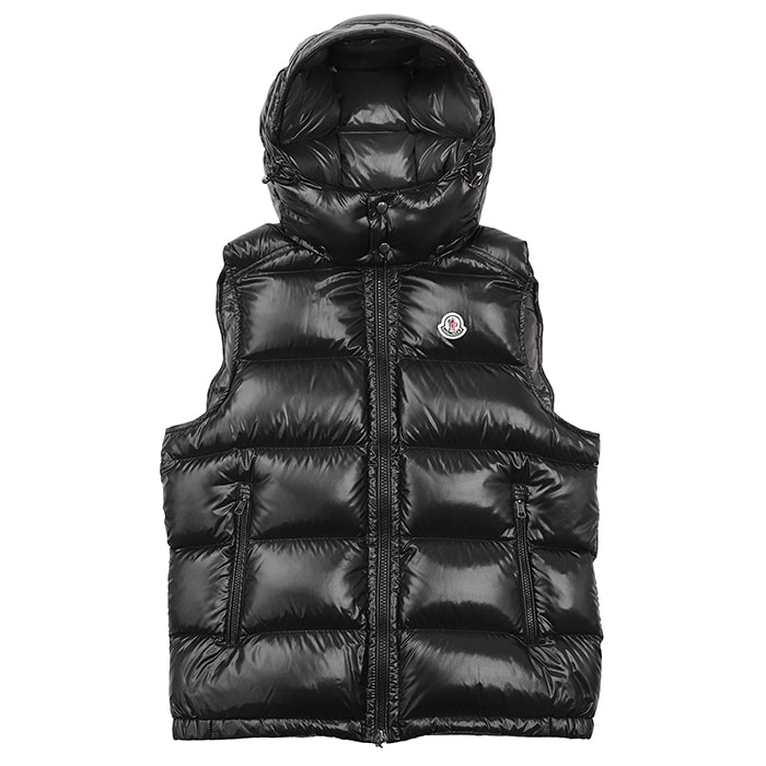 【極美品】MONCLER モンクレール ダウンベスト BORMES サイズ 4 メンズ 2021年製 ロゴ ワッペン ボタン フード取り外し可 ノースリーブ ボーダーキルティング ナイロンラケ アウター ボタン/ハンガー付属 ブラック 黒 ルーマニア製