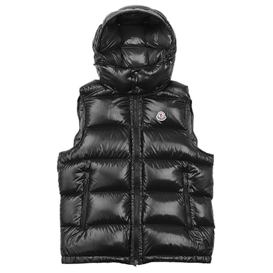 【極美品】MONCLER モンクレール ダウンベスト BORMES サイズ 4 メンズ 2021年製 ロゴ ワッペン ボタン フード取り外し可 ノースリーブ ボーダーキルティング ナイロンラケ アウター ボタン/ハンガー付属 ブラック 黒 ルーマニア製