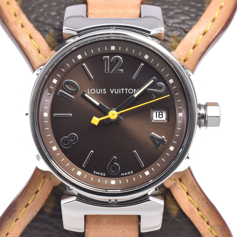 ルイ・ヴィトン LOUIS VUITTON Q1211 タンブール デイト ブラウン クォーツ レディース 美品 内箱付き 腕時計 J#150466