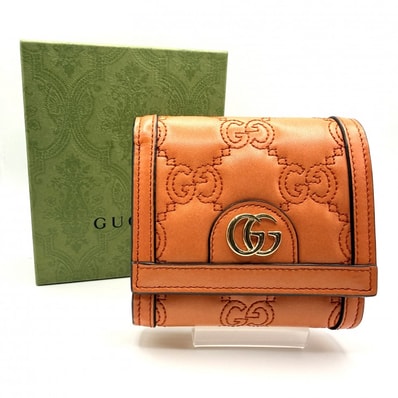 GUCCI(グッチ)GGマトラッセ カードケース ウォレット 二つ折り財布 オレンジ レザー ゴールド金具 レディース 723799 0416【中古】