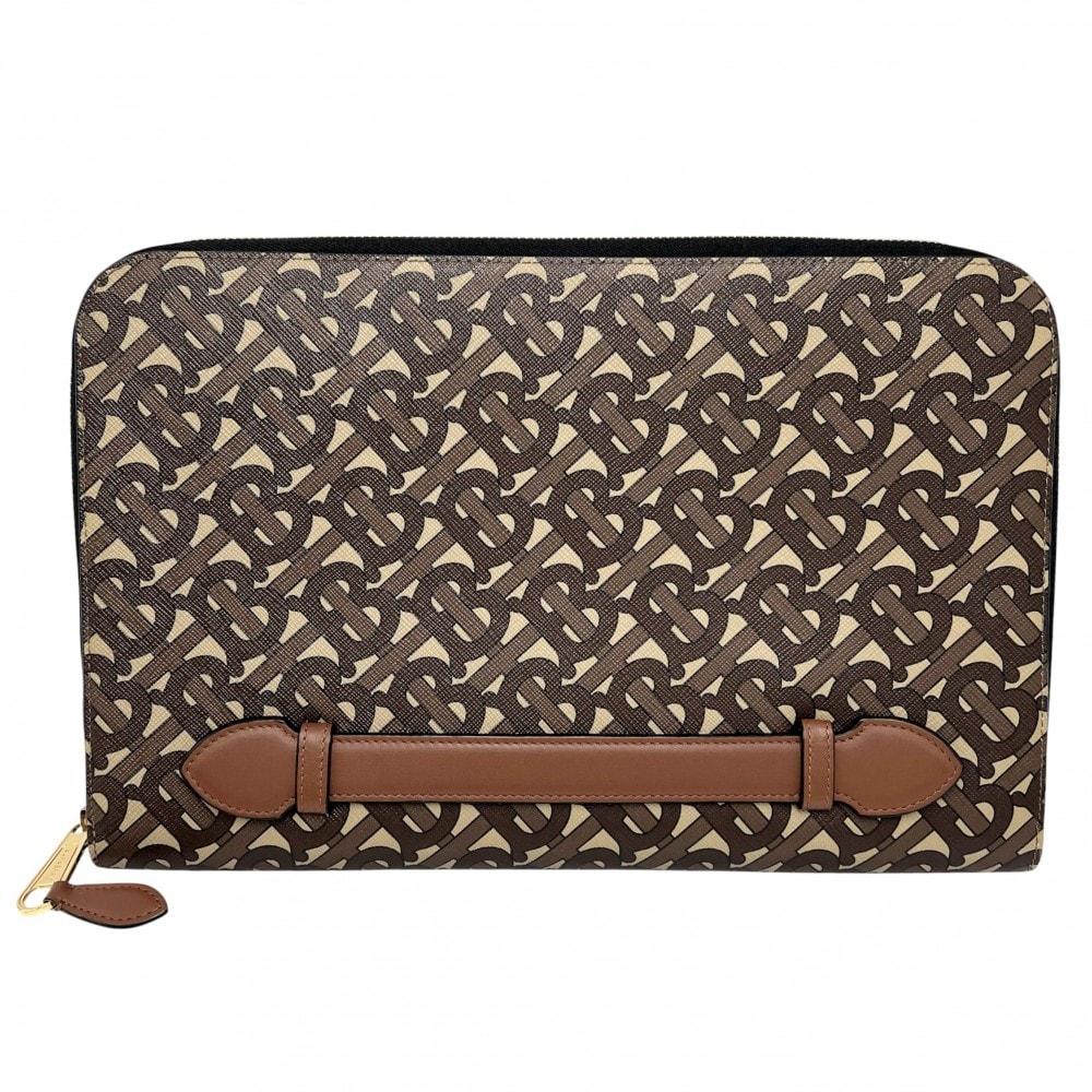 BURBERRY バーバリー クラッチバッグ TBロゴ セカンドバッグ 総柄 PVCコーティングキャンバス レザー ブラウン 茶 ベージュ ゴールド金具 メンズ【中古品】