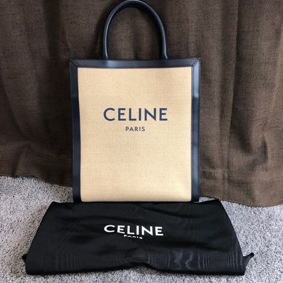 CELINE Small Vertical Cabas CELINE in Textile with CELINE and Calfskin "Vanilla/Navy"