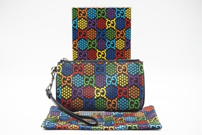 極美品 GUCCI グッチ GGサイケデリック レザー PVC ポーチ マルチカラー 603734 クラッチバッグ ブラック コーティングキャンバス レザー メンズ