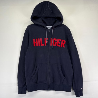 古着 トミーヒルフィガー TOMMY HILFIGER パーカー フルジップ 刺繍ロゴ スウェット 裏起毛 フーディ M ネイビー系 メンズ