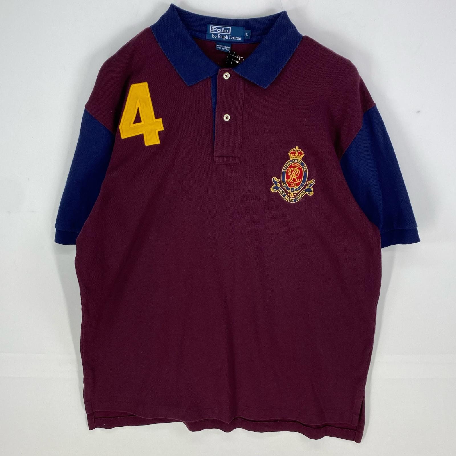 古着 ポロバイラルフローレン Polo by Ralph Lauren 鹿の子 半袖シャツ ワッペン ツートンカラー ポロシャツ L  ワインレッド系 メンズ