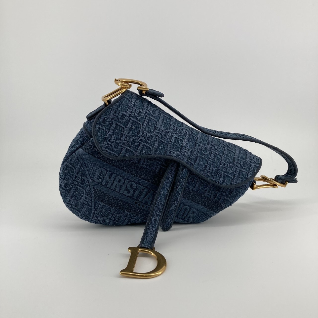 Christian Dior(クリスチャンディオール) オブリーク サドルフラップ デニム ゴールドDストラップ ハンドバッグ ブルー×ゴールド