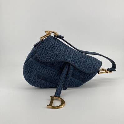 Christian Dior(クリスチャンディオール) オブリーク サドルフラップ デニム ゴールドDストラップ ハンドバッグ ブルー×ゴールド