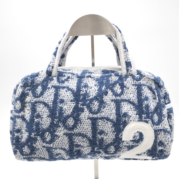 Christian Dior(クリスチャン ディオール)ヴィンテージ ミニボストンバッグ トロッター柄 パイル地 ブルー ホワイト レディース【中古】