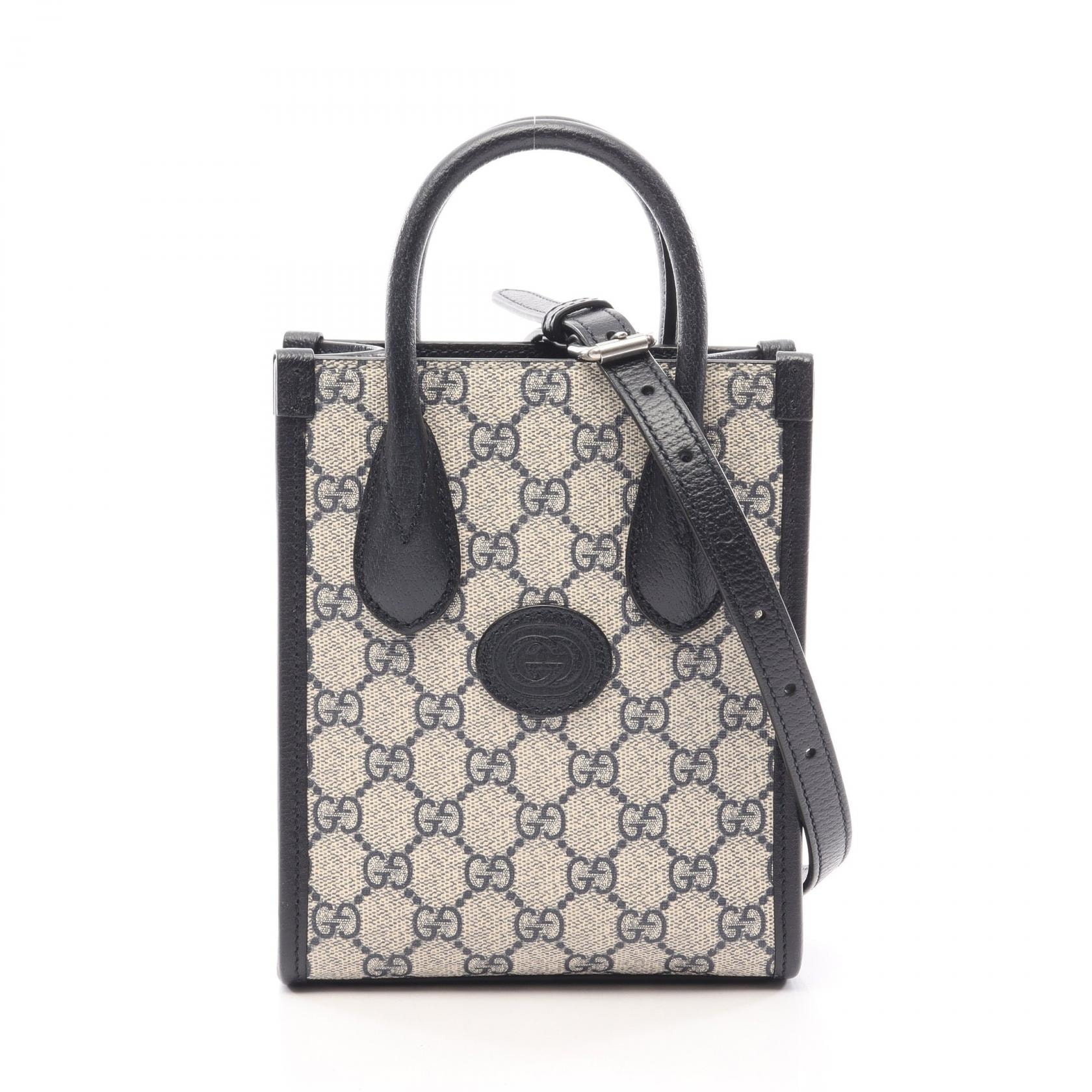グッチ GUCCI インターロッキングG GGスプリーム ミニトートバッグ 2WAY ハンドバッグ バッグ PVCコーティングキャンバス レザー レディース アイボリー系 / ネイビー系 671623 【中古】