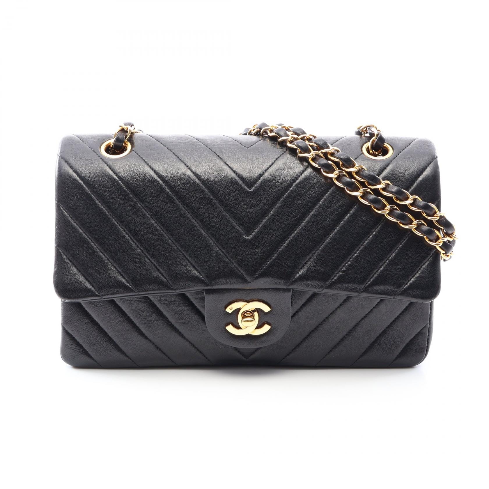 シャネル CHANEL シェブロン Vステッチ Wフラップ ショルダーバッグ バッグ ラムスキン(羊革) レディース ブラック系 【中古】