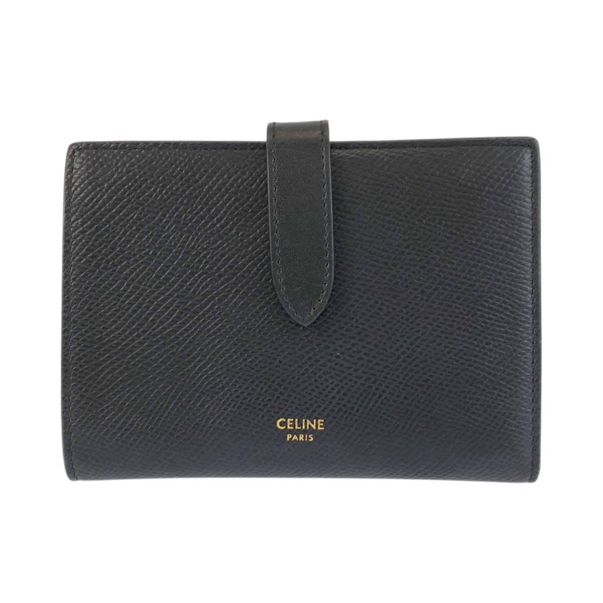 美品 CELINE セリーヌ ミディアムストラップウォレット ブラック 黒 レザー 折り財布 コンパクトウォレット 601552 【中古】