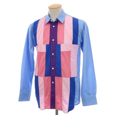 【中古】【未使用】コムデギャルソンシャツ COMME des GARCONS SHIRT 2025年秋冬 コットン パッチワーク カジュアルシャツ ブルーxピンク【サイズS】【メンズ】
