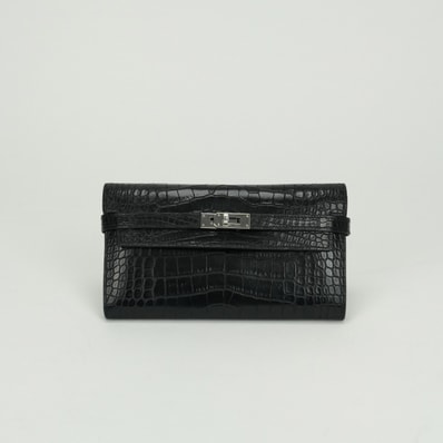 エルメス HERMES ケリーウォレット ケリーウォレットロング 財布 長財布 ロングウォレット アリゲーター クロコダイル ノワール Noir ブラック Black 黒 シルバー金具 エキゾチック