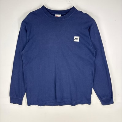 古着 90's/90年代 ナイキ NIKE USA製 長袖Tシャツ ワンポイントロゴ クルーネック 銀タグ ロンT L ネイビー系 メンズ