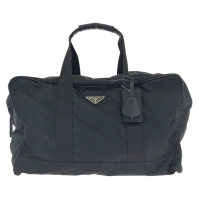 美品 PRADA プラダ テスート サフィアーノ 三角ロゴプレート ブラック 黒 シルバー金具 ナイロン レザー/ ボストンバッグ トラベルバッグ 603370 【中古】