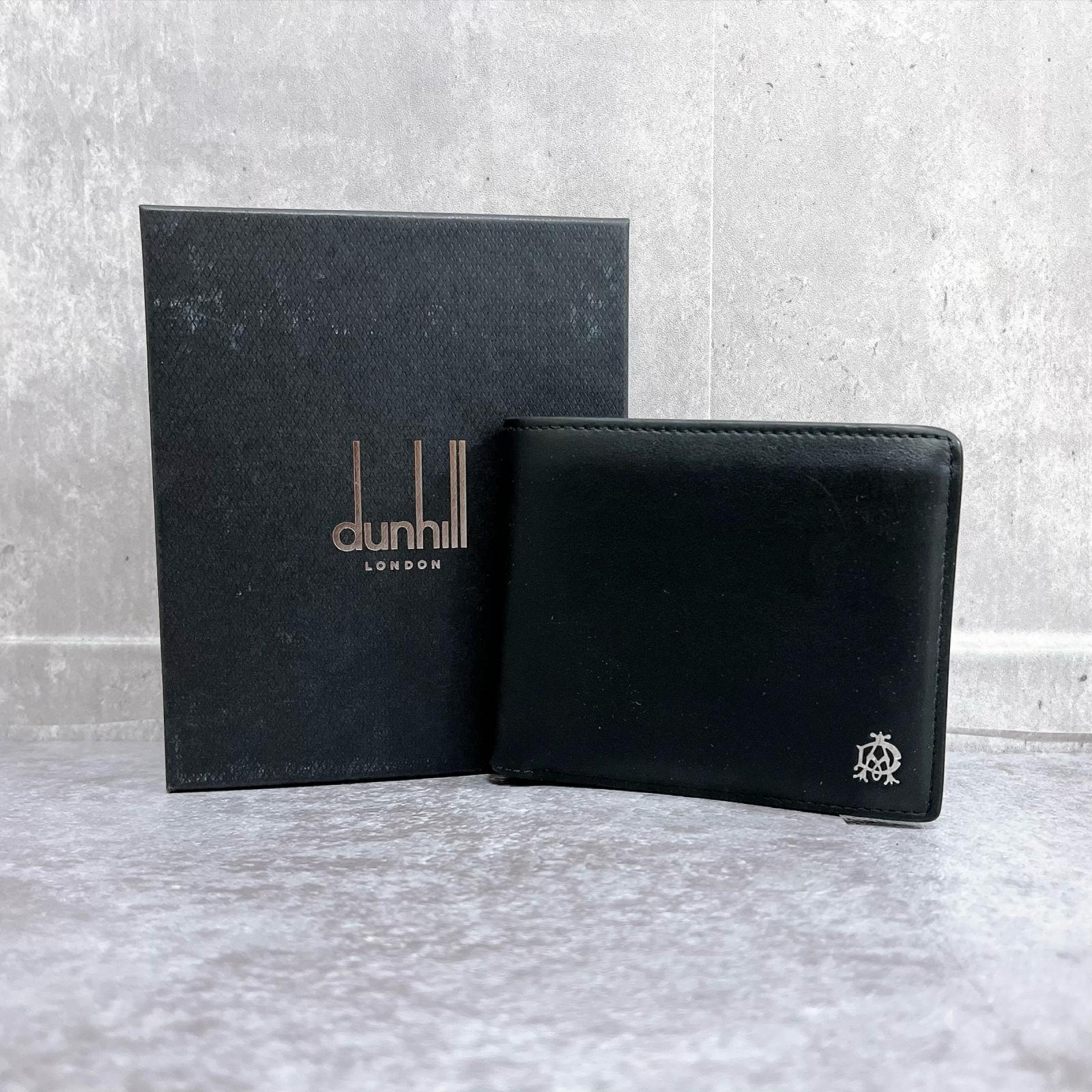【dunhill】ダンヒル クレスト ロゴ 紋章 二つ折り財布 レザー ウォレット 型押し コーナー金具 箱付き ブラック メンズ 紳士 財布 小物