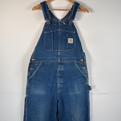古着 カーハート Carhartt オーバーオール デニム ワーク ワンポイントロゴ 大きいサイズ ハンマーループ サイドポケット ブルー系 メンズ