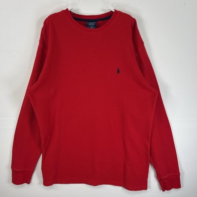 古着 ポロ・ラルフローレン POLO RALPH LAUREN 長袖Tシャツ ロゴ 刺繍 サーマル ワッフル L レッド 無地 メンズ