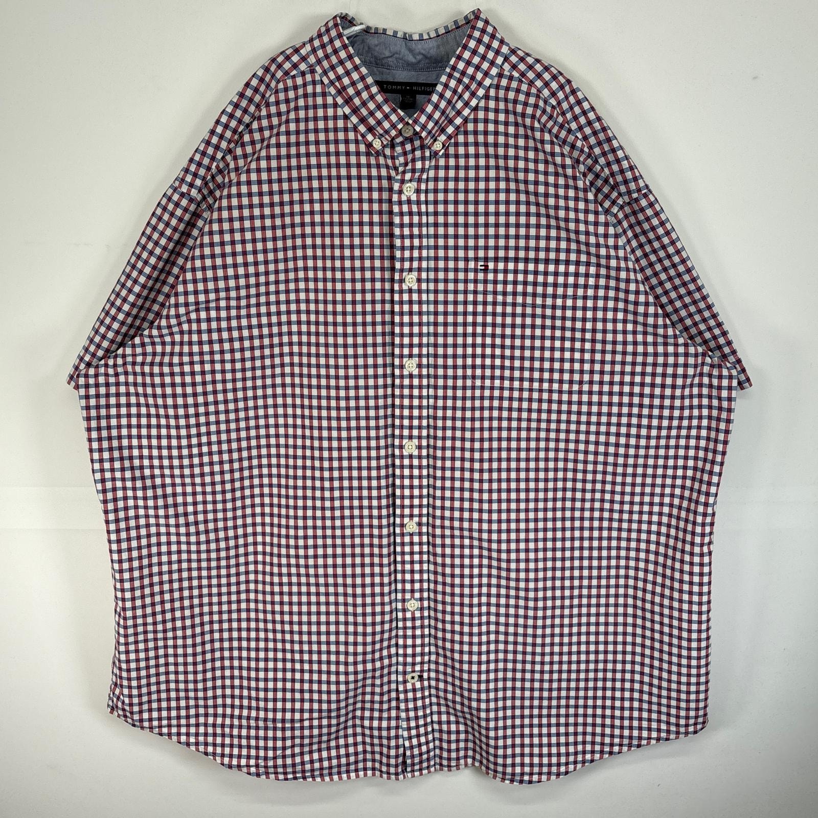 古着 トミーヒルフィガー TOMMY HILFIGER 半袖シャツ ロゴ 刺繍 大きいサイズ 胸ポケ 3XL  レッド系 マルチカラー メンズ