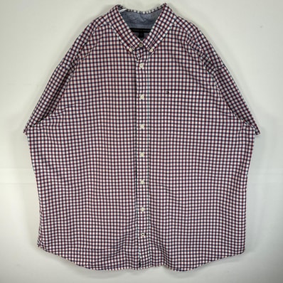 古着 トミーヒルフィガー TOMMY HILFIGER 半袖シャツ ロゴ 刺繍 大きいサイズ 胸ポケ 3XL レッド系 マルチカラー メンズ