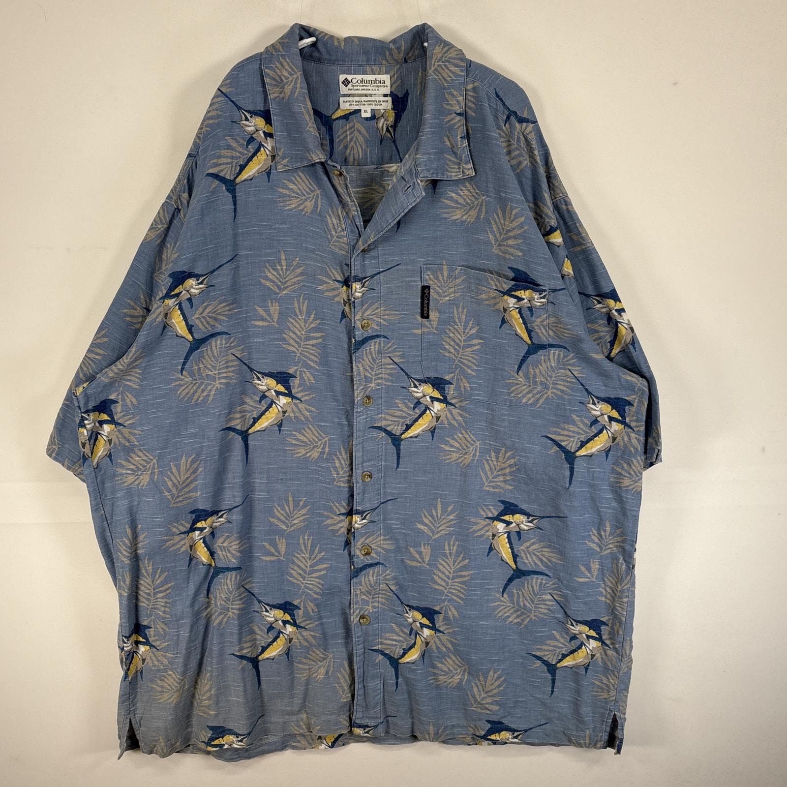 古着 コロンビア Columbia 半袖シャツ フィッシュパターン 大きいサイズ ワンポイント ロゴ XL  ブルー系 総柄 メンズ