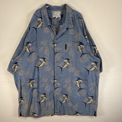 古着 コロンビア Columbia 半袖シャツ フィッシュパターン 大きいサイズ ワンポイント ロゴ XL ブルー系 総柄 メンズ